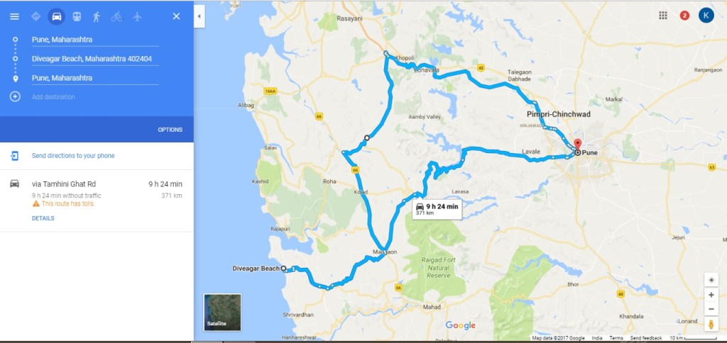 Route from Pune to Diveagar