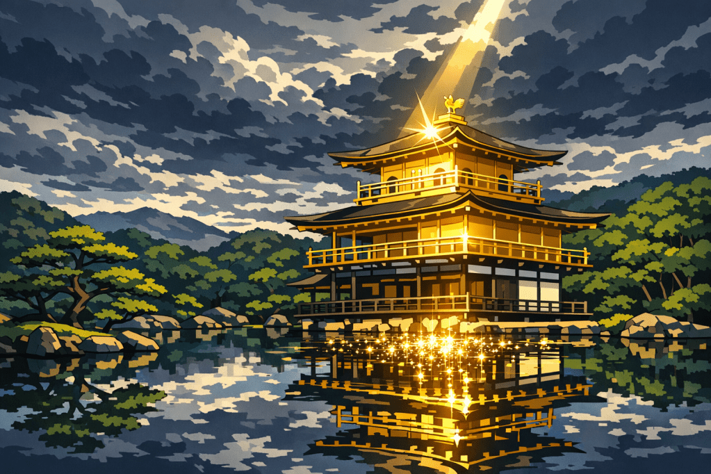 Reflected Symmetry: The Golden Pavilion reflecting in the pond, positioned using the rule of thirds for a dynamic balance.