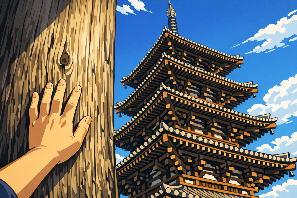 Low Angle: Looking up at the pagoda to emphasize the complexity of the wooden eaves and the ancient grain.