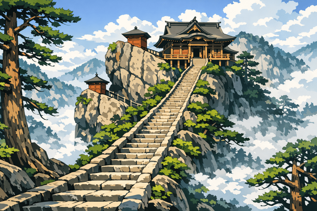 Dramatic Height: Temple buildings clinging to the cliff edge, with a vertical, misty drop-off on one side.