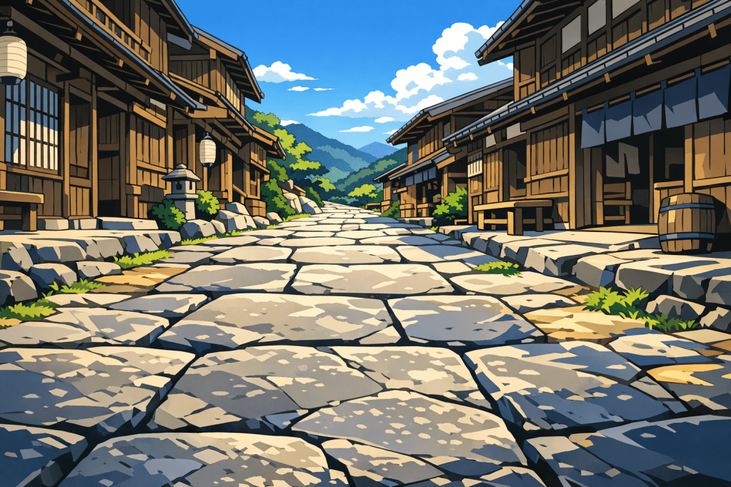 The "Journey" View: The stone-paved road winding between traditional wooden buildings, creating a sense of movement.