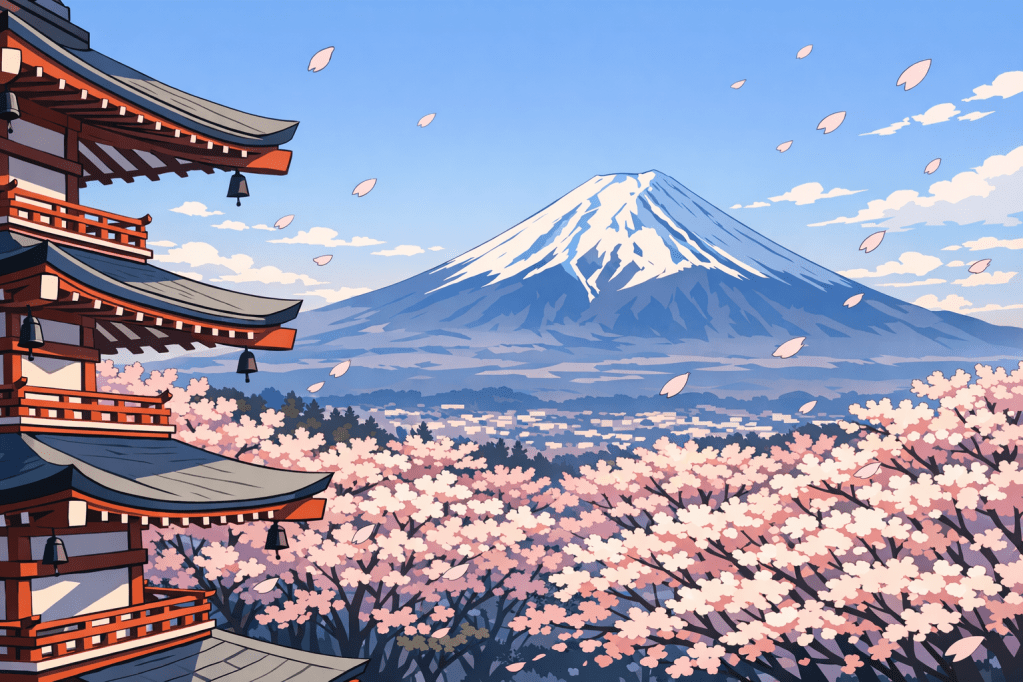 Layering: The pagoda in the foreground left, cherry blossoms mid-ground, and Fuji in the distant background.
