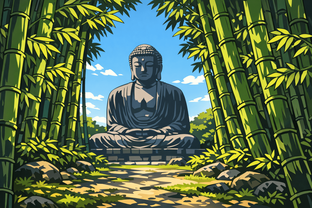 Silhouetted Frame: The Great Buddha viewed through a gap in a dense, detailed bamboo thicket.