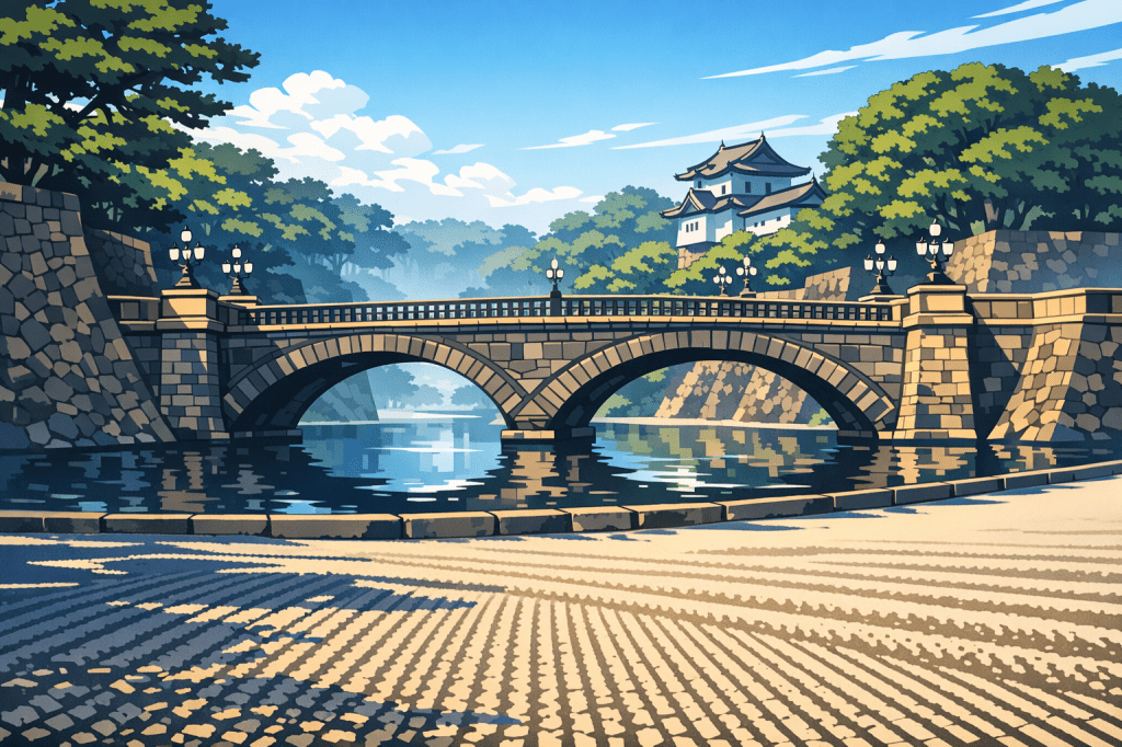 Leading Lines: The stone Nijubashi Bridge spanning from the bottom corner into the center-right of the frame.