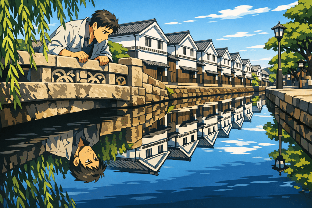 Reflection: A canal where white-walled warehouses create strong vertical lines reflected in the dark, still water.