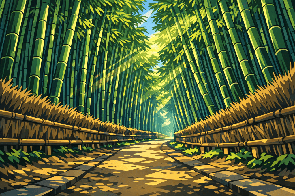 Leading Lines: A low-angle perspective of the bamboo path, drawing the eye toward a distant, misty curve.