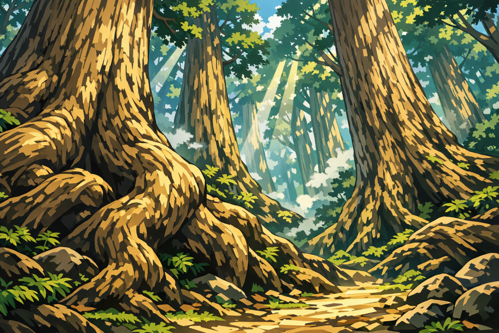 Low Horizon: Gnarled roots of ancient trees dominating the bottom third, with shafts of light piercing the canopy.