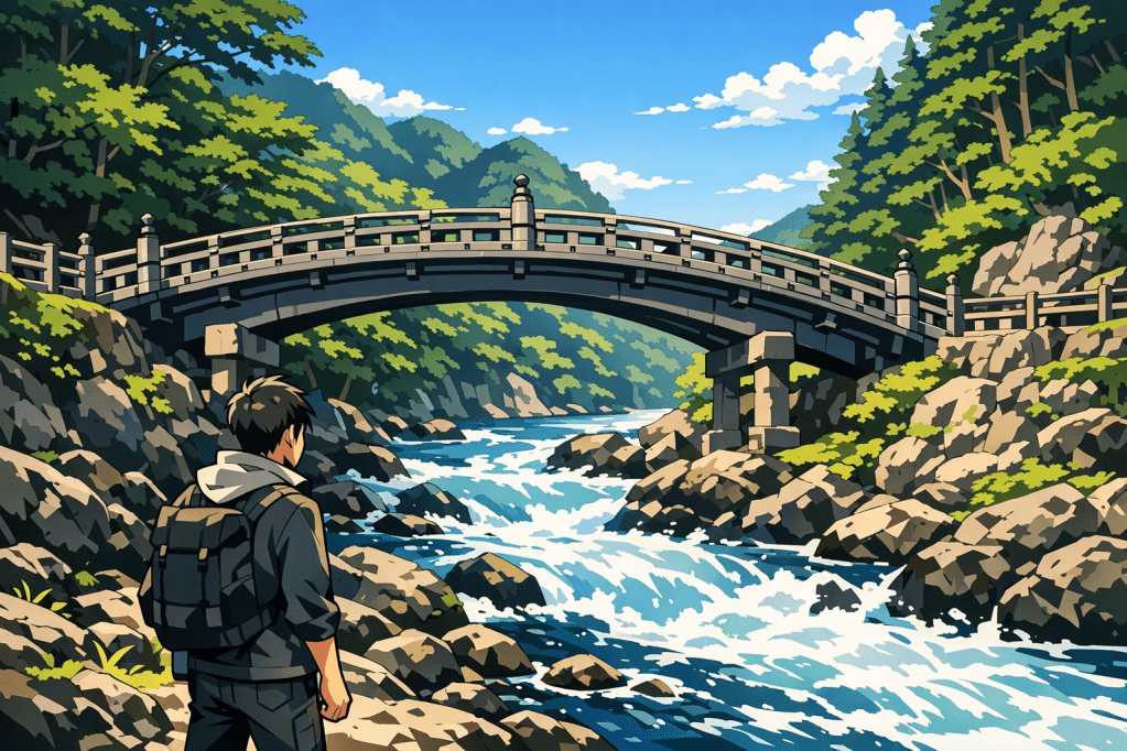 Triangular Composition: The bridge forming a strong geometric shape against the organic, flowing lines of the river.