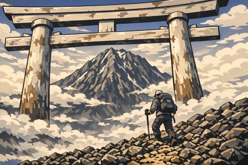 Spiritual Silhouette: The mountain viewed through a Shinto gate located at the very edge of the frame.