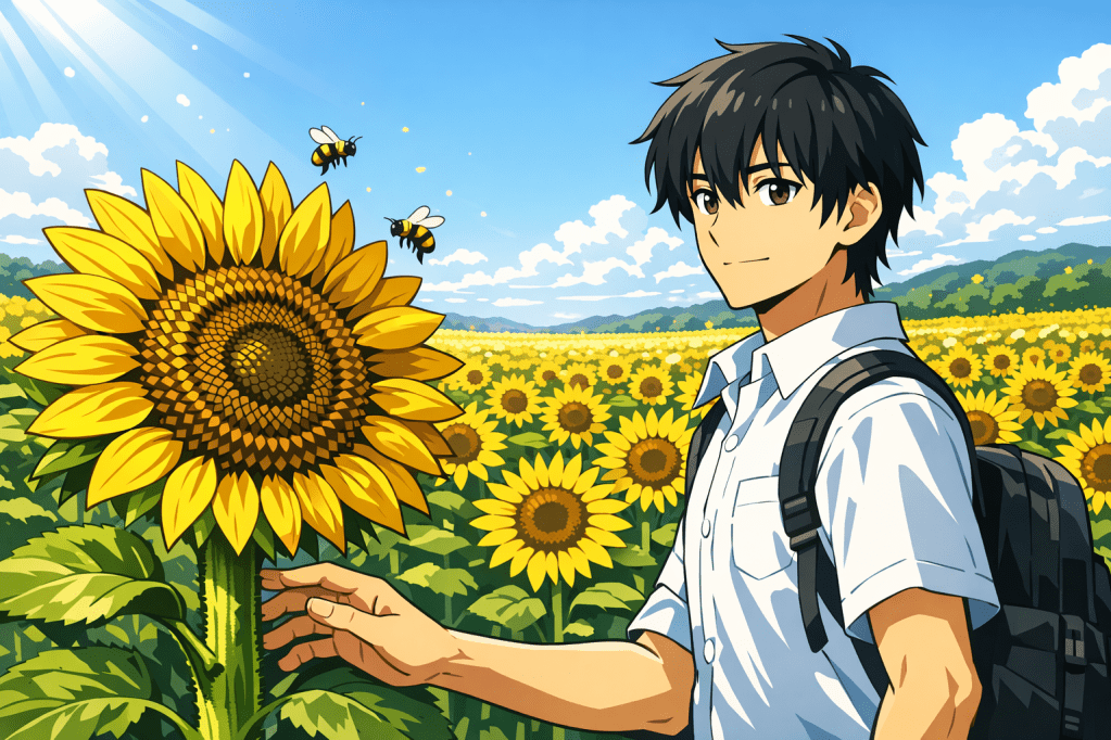 Field of Depth: Detailed sunflowers in the foreground, fading into thousands of smaller flowers in the distance.