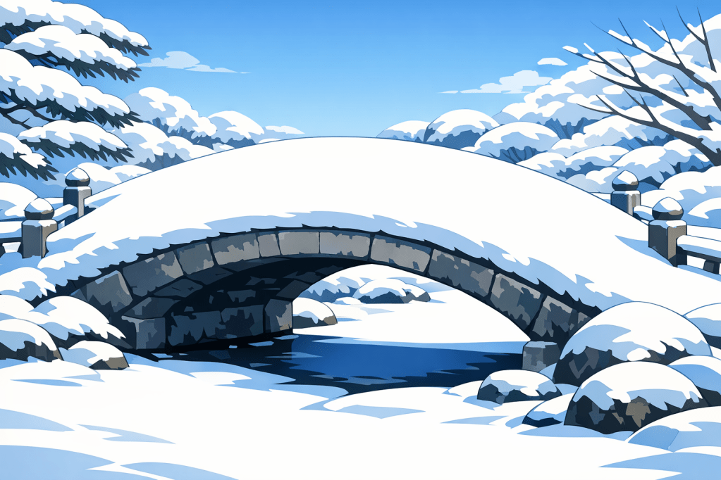 Contrast Study: A dark stone garden bridge covered in bright white, unshaded, pristine snow.