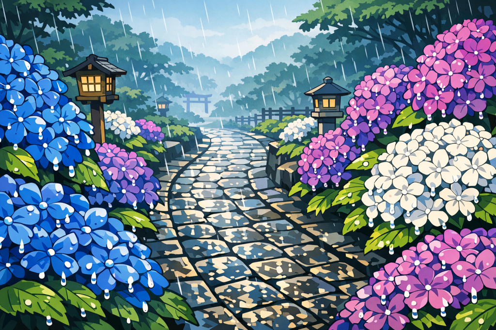 Overhead View: A path where the round, textured hydrangea blooms fill the frame, popular in the rainy season.