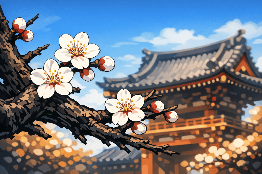 Delicate Detail: Close-up of plum blossoms on a dark branch, with a temple gate blurred in the back.