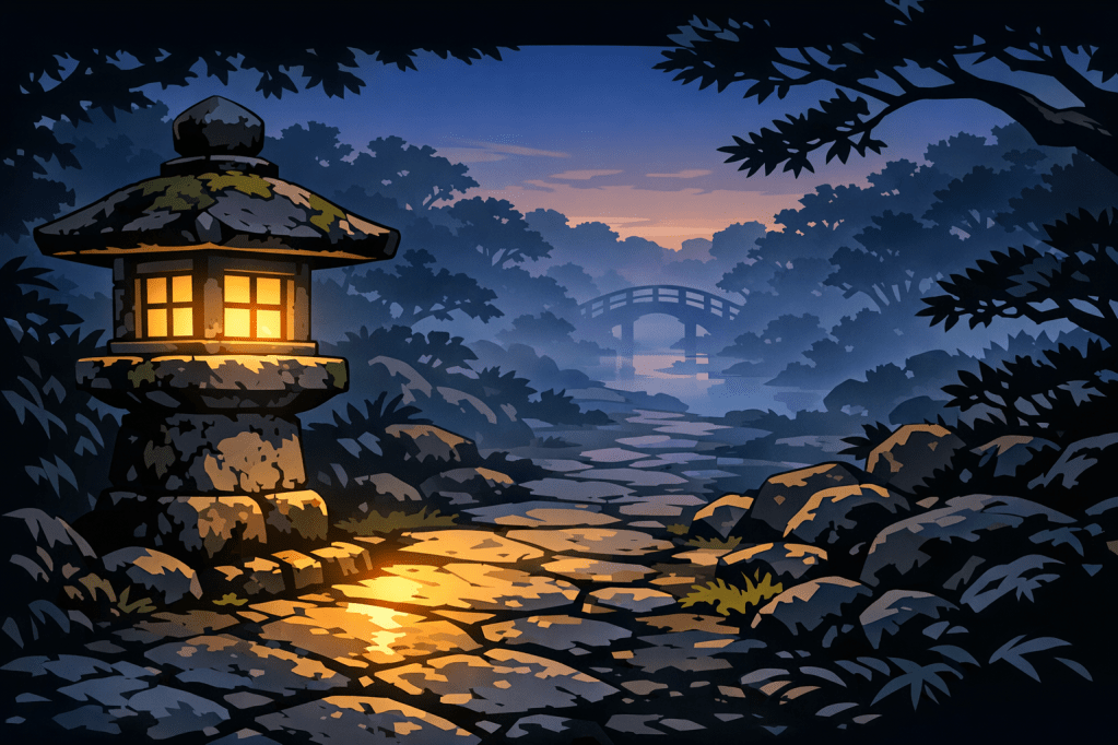 Foreground Interest: A stone lantern leading the eye down a mossy path toward a distant arched bridge.