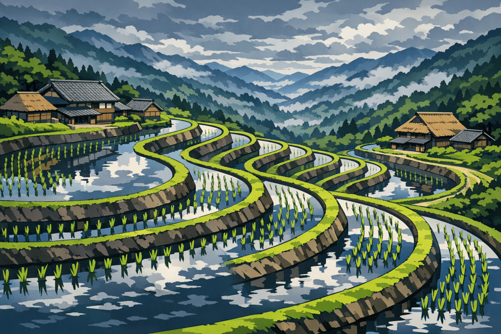 Rhythmic Patterns: The S-curves of terraced rice paddies in the mountains, with farmhouses as focal points.
