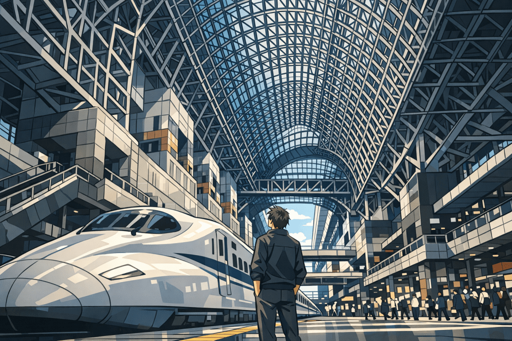 Industrial Geometry: The steel beams and glass roof of Kyoto Station creating a complex, geometric web of lines.