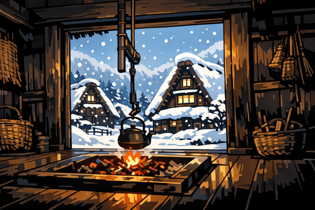 The "Cozy" View: Houses in winter, with heavy snow on triangular roofs creating bold, graphic shapes.