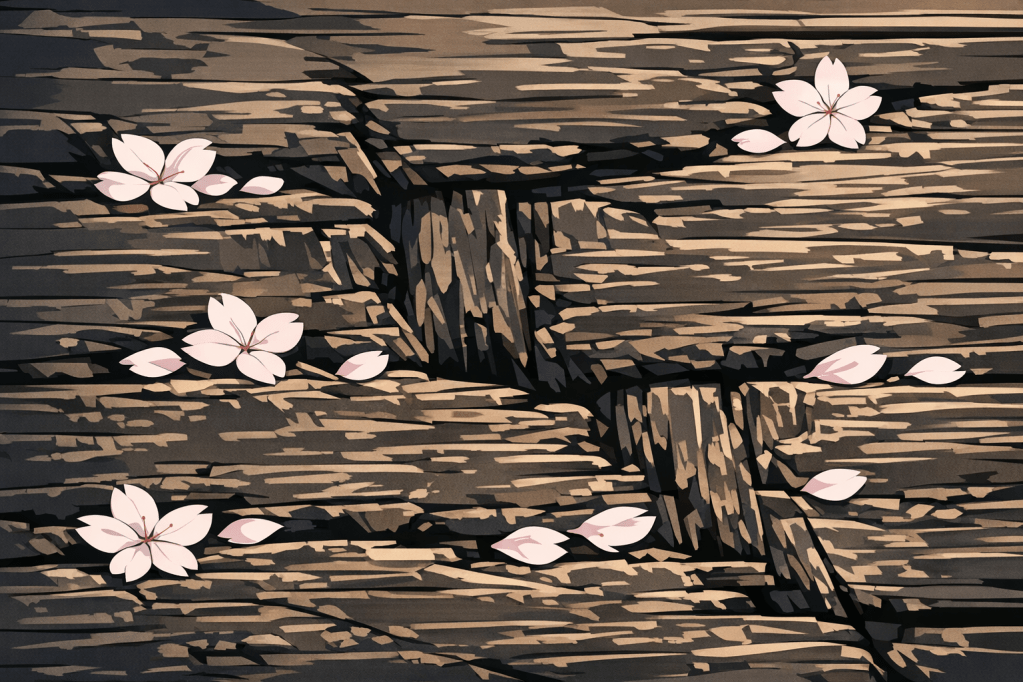 Texture Study: A close-up of the black walls in Kakunodate, with fallen petals providing fine-line detail.