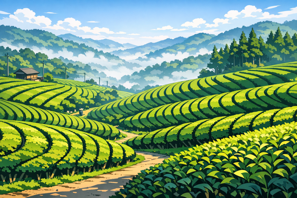 Geometric Flow: The perfectly manicured rows of a tea plantation creating concentric curves across the hillside.