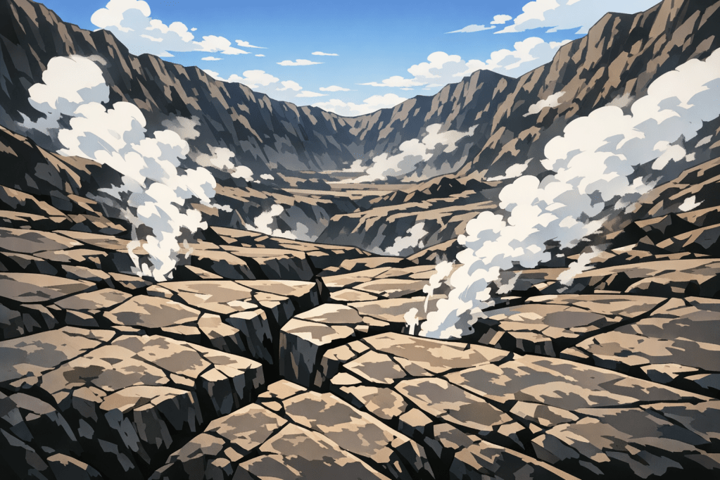 Rugged Texture: The volcanic caldera landscape, focusing on the cracks and ridges of the rock in deep greyscale.