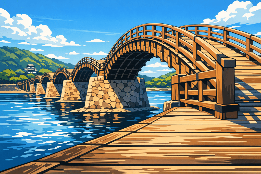 Rhythmic Arches: The five arches of the bridge creating a repeating, mathematical pattern across the page.