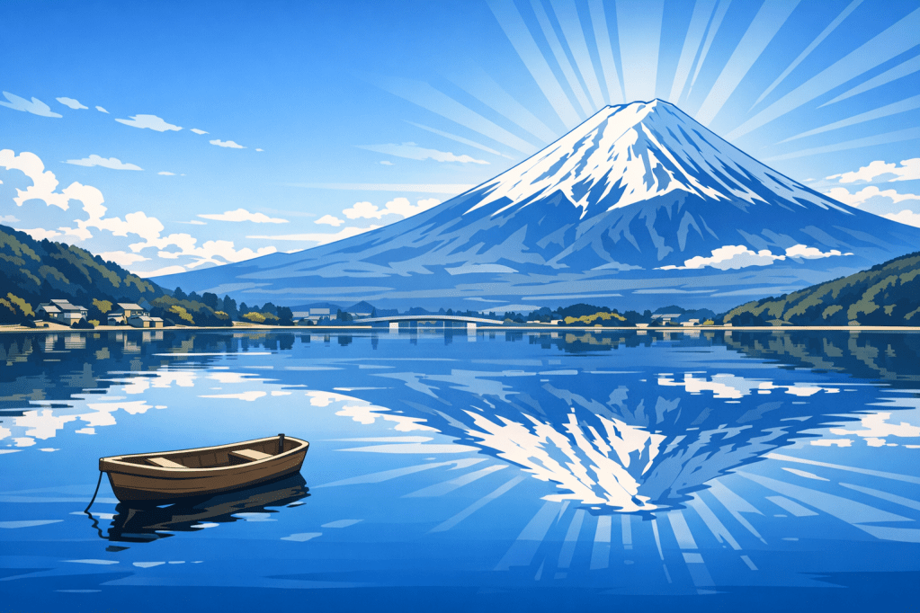 Rule of Thirds: The peak positioned on the right third, with a serene lake and a small boat for final scale.