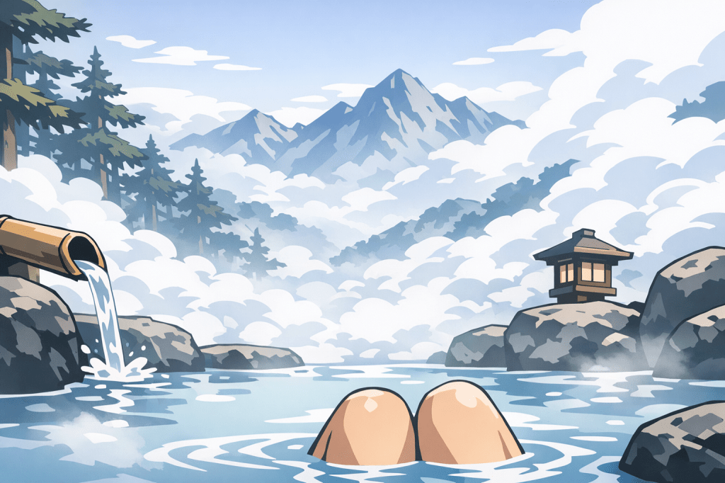 Perspective: An outdoor hot spring nestled in a mountain face, with steam creating layers of atmospheric depth.