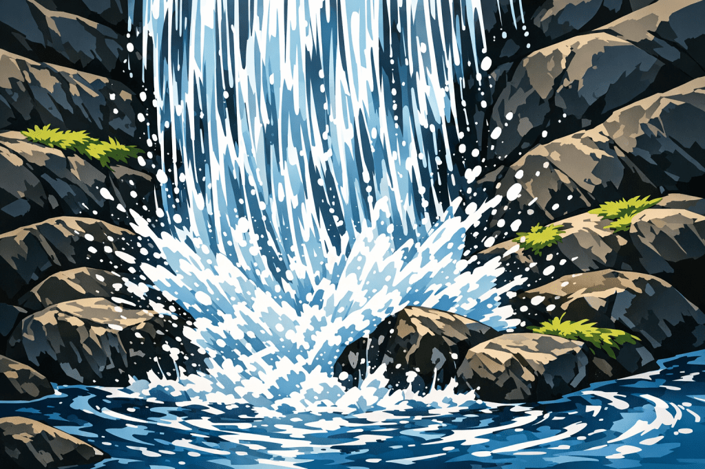 Vertical Motion: Water's "lines" drawing the eye from top to bottom, splashing into a highly detailed stone pond.