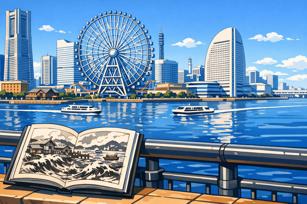 Skyline Panorama: Yokohama’s skyline, using the Cosmo World Ferris wheel as a circular focal point in the distance.