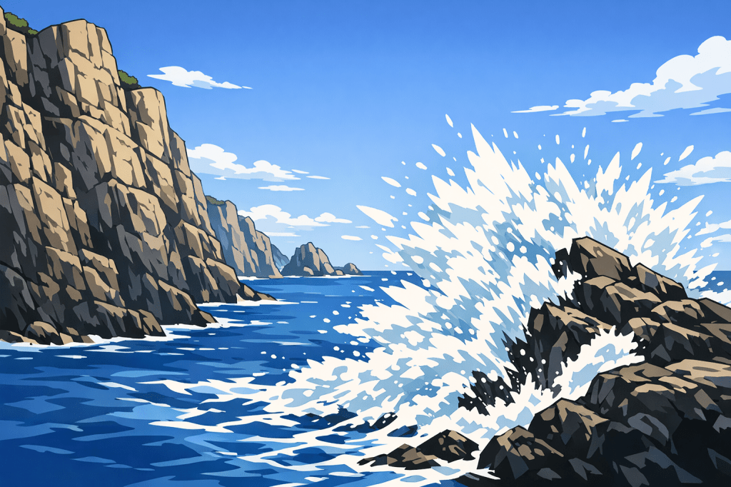 High Contrast: Rugged cliffs on the left, with powerful, textured waves crashing in the lower right corner.