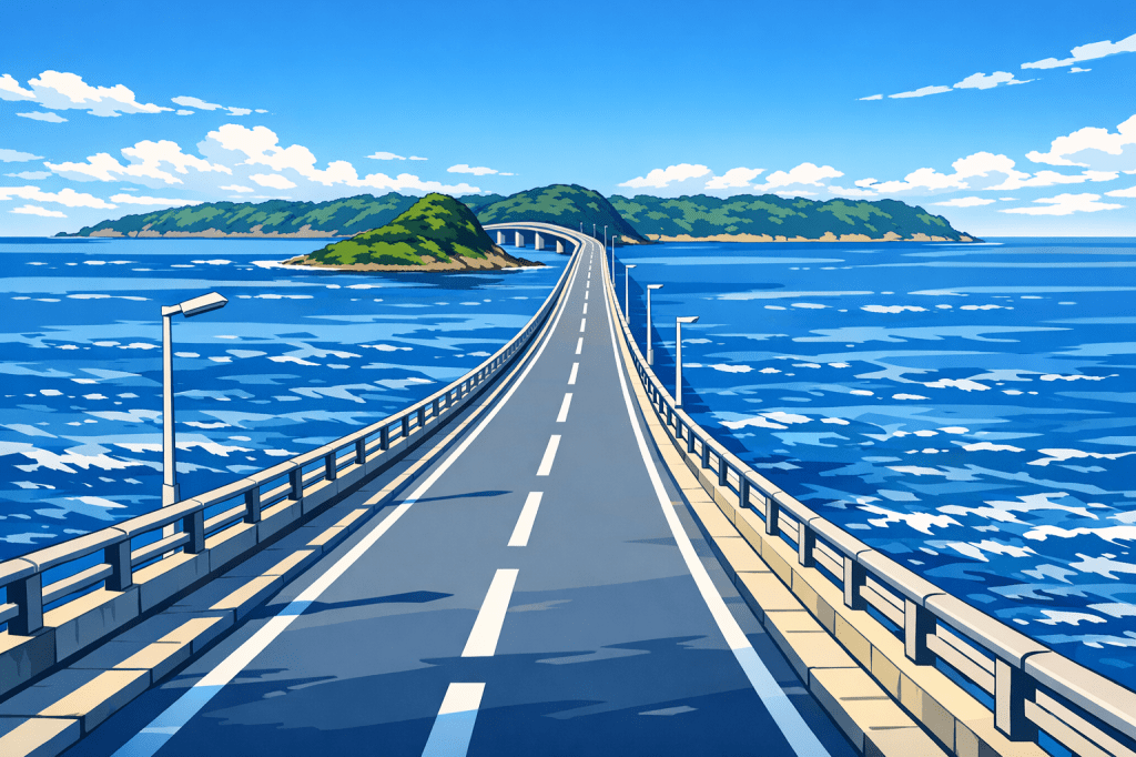 Symmetry in Nature: The bridge stretching in a straight line across the blue-grey water toward a small island.