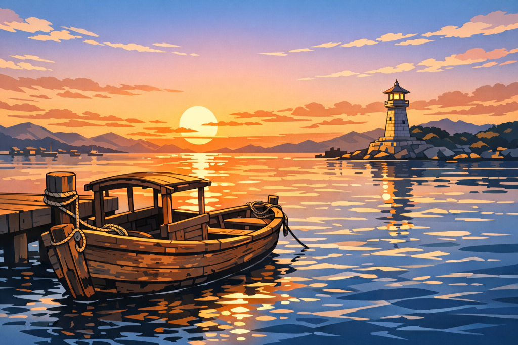 Rule of Thirds: A single traditional wooden boat moored on the left, with the quiet harbor and stone lighthouse on the right.