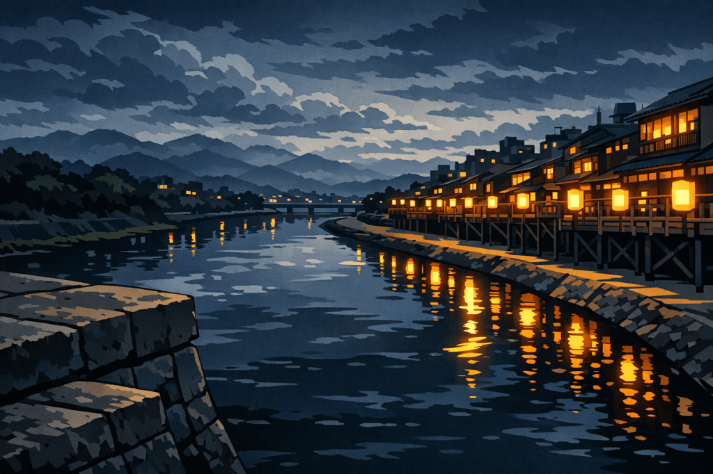 Atmospheric Perspective: The river at dusk, with distant mountains rendered in very light, faint grey tones.