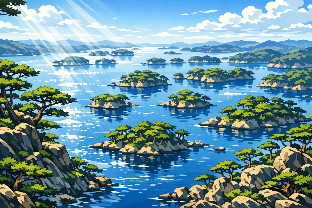 Aerial Perspective: The pine-covered islands viewed from a high ridge, creating a sense of immense, layered scale.