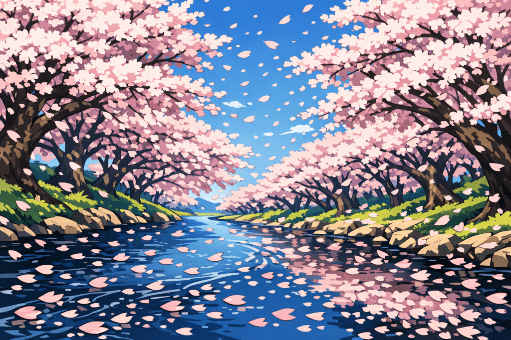 S-Curve: A winding river lined with cherry trees; the river creates an S-shape flowing from the bottom-left.