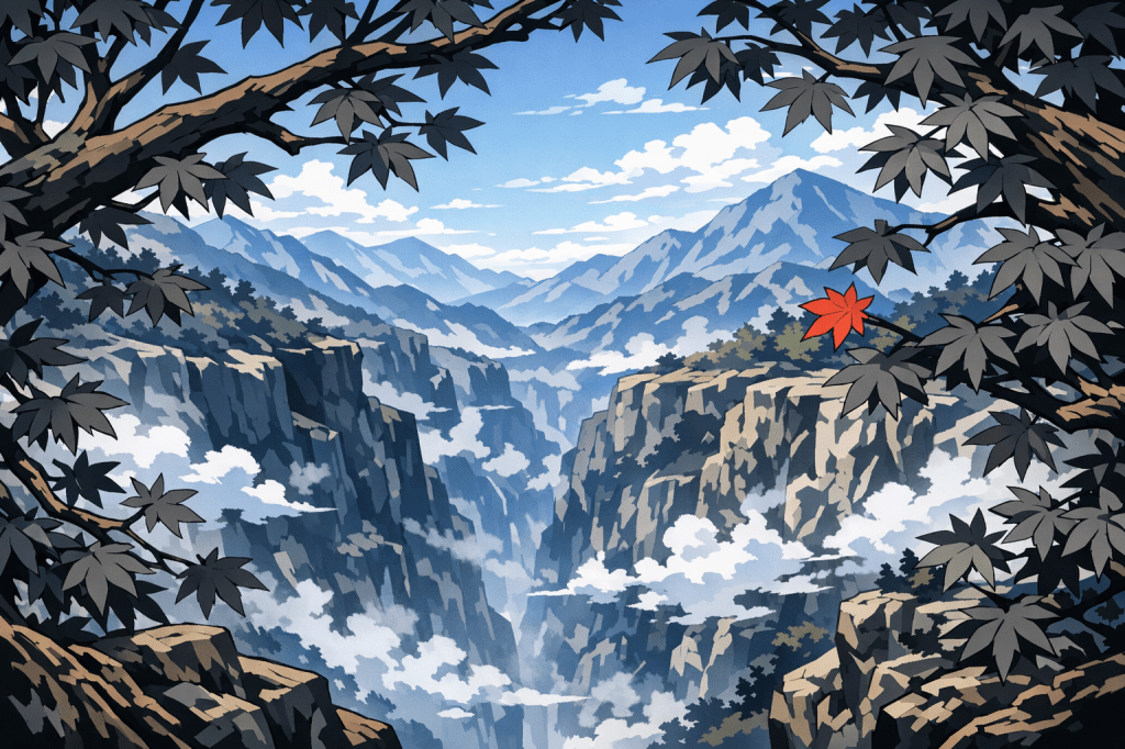 Atmospheric Depth: A deep view into a gorge, with maple branches in the foreground and layers of misty mountains.