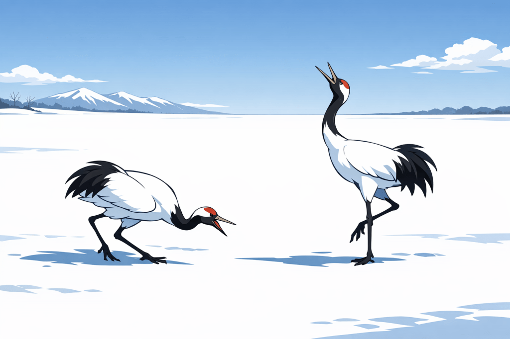 Minimalist Composition: Two cranes dancing in a wide, snowy field; the white snow providing vast negative space.