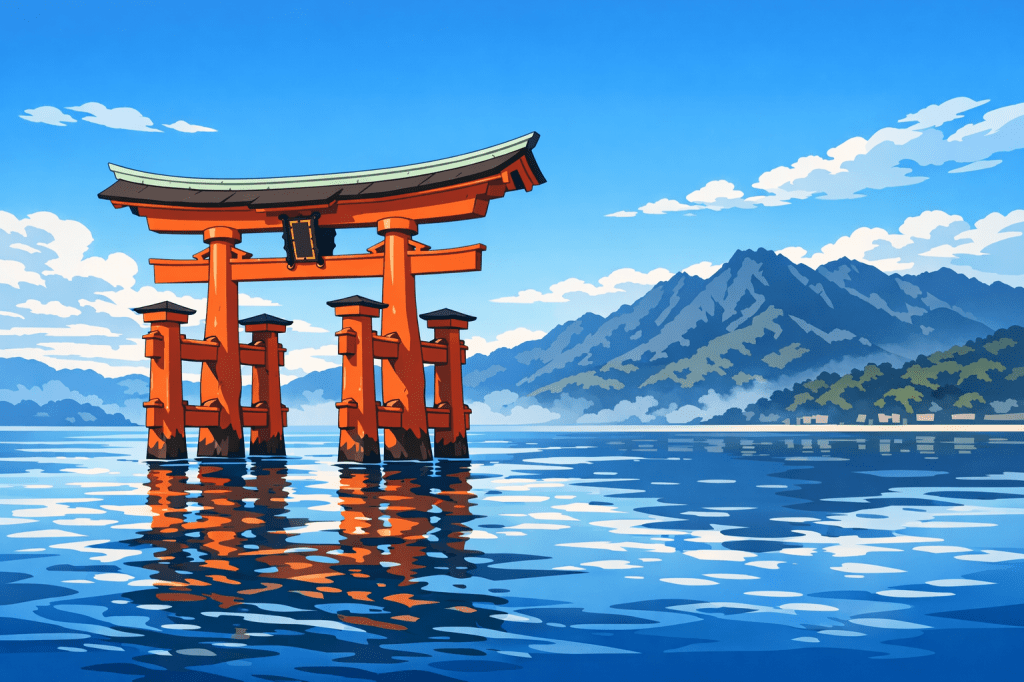 Golden Ratio: The gate offset to the left, with the mountains of Miyajima providing a jagged, shaded silhouette.