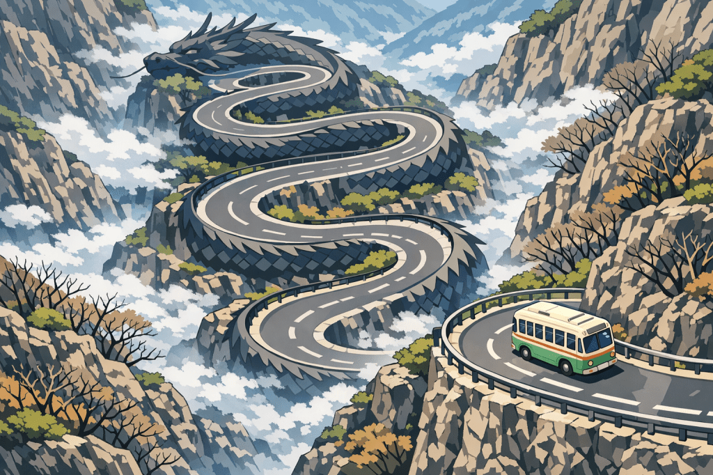 Dynamic Curves: The zigzagging road viewed from above, creating a rhythmic, snake-like pattern of grey.