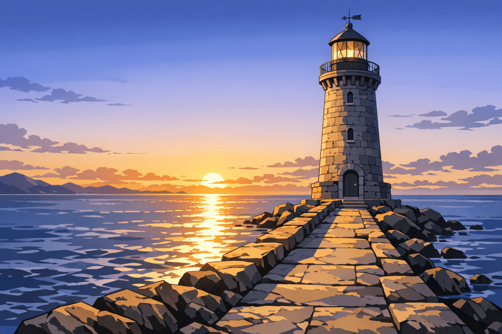 Finality: A stone lighthouse on a rocky pier, with the sun's reflection creating a "path" of light on the water.