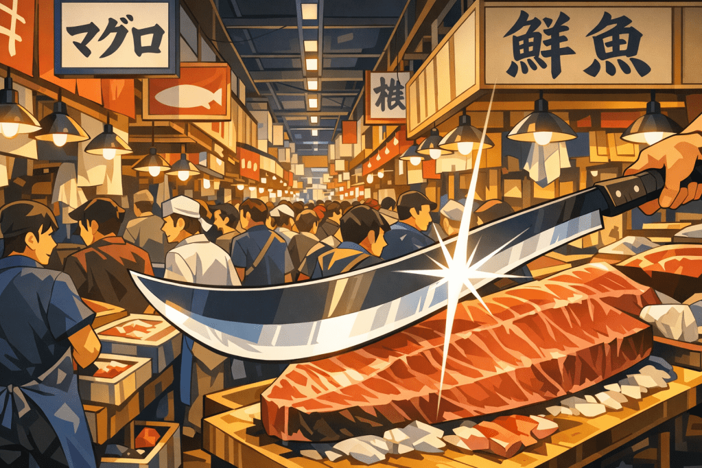 Detailed Interior: A wide-angle view of the market, using rows of stalls and hanging signs as perspective lines.