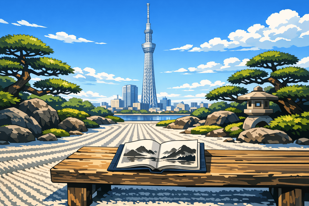 Juxtaposition: A traditional tea garden in the foreground with the Tokyo Skytree rising sharply behind it.