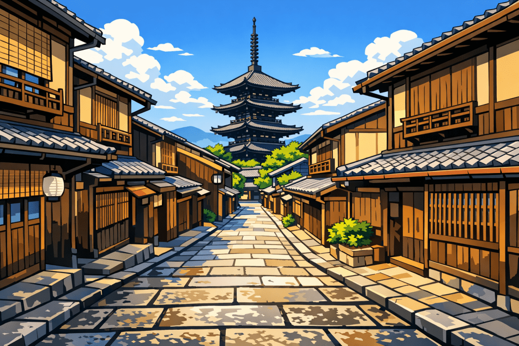 One-Point Perspective: The stone-paved street leading the eye directly toward the distant Yasaka Pagoda.