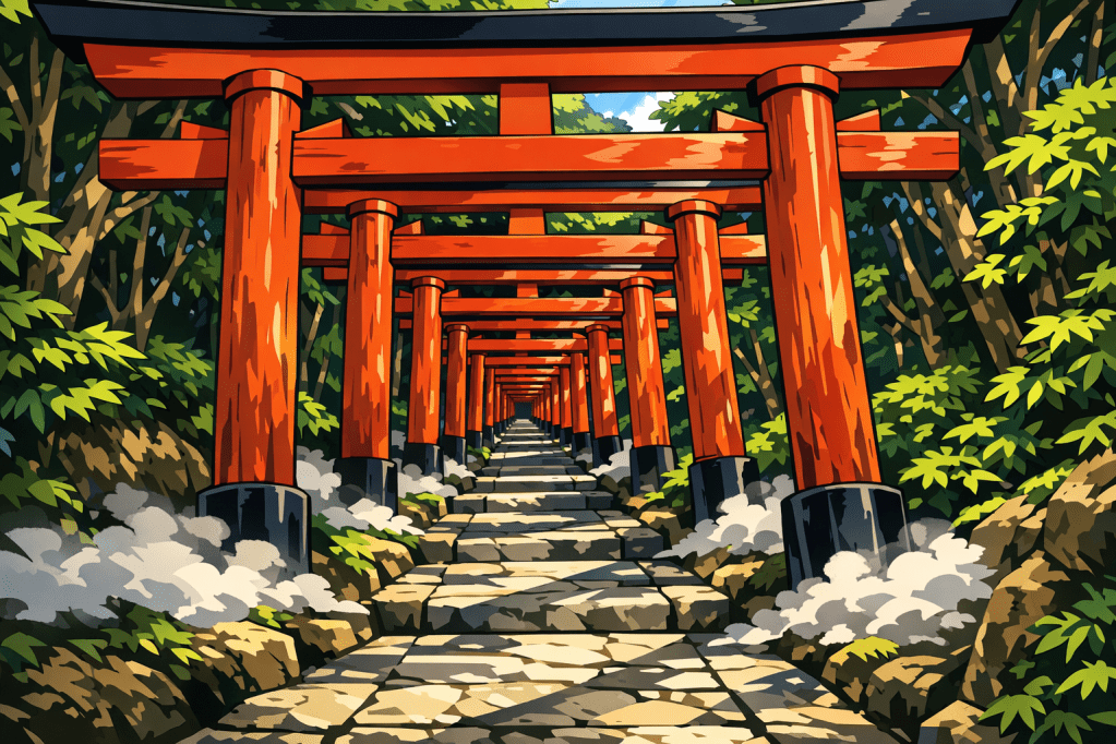 Vanishing Point: Looking through a tunnel of Torii gates, using converging lines to create a sense of infinite distance.